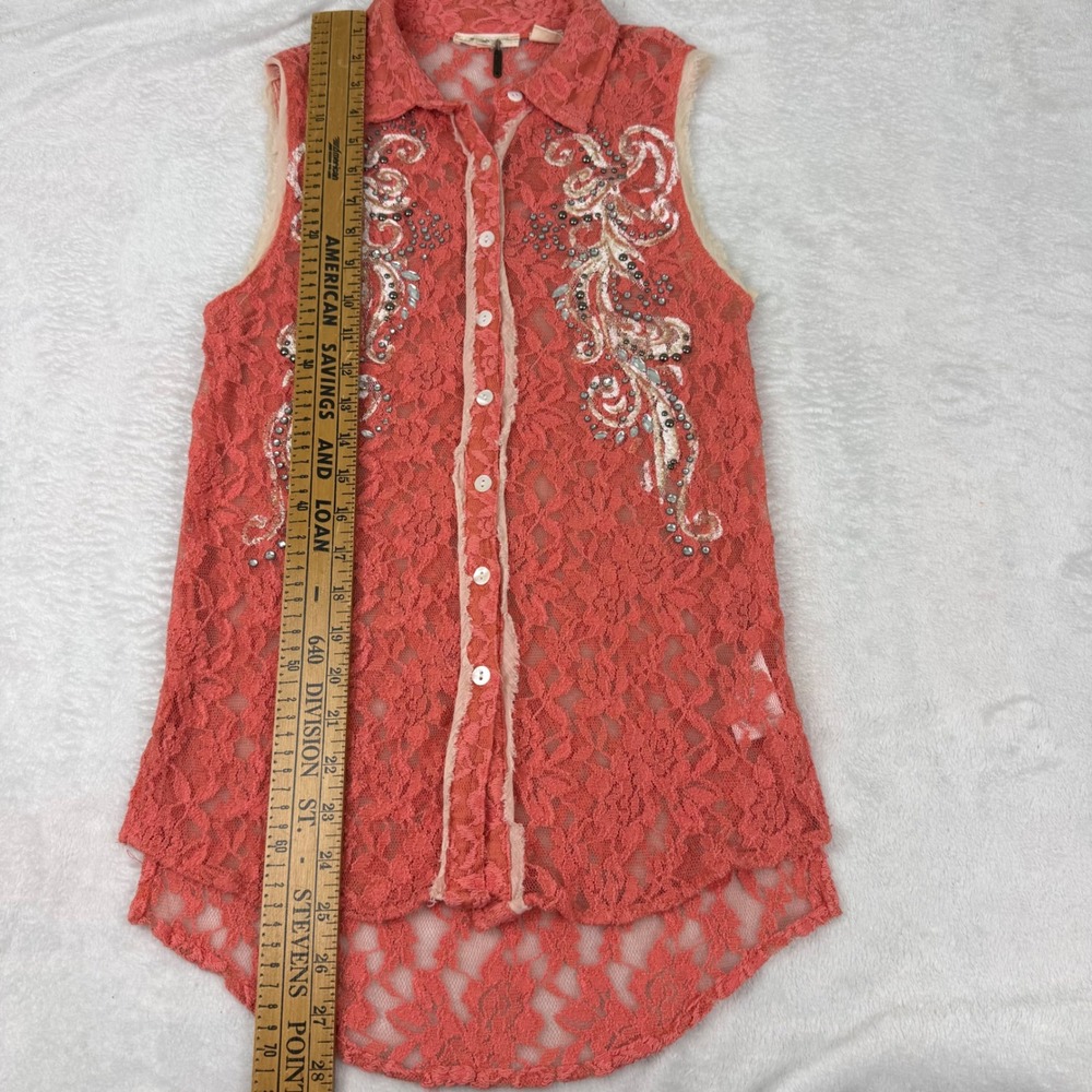 Miss Me Womens XS Coral Pink Lace Rhinestone Embellished Sleeveless Top MDT330 - Picture 6 of 8